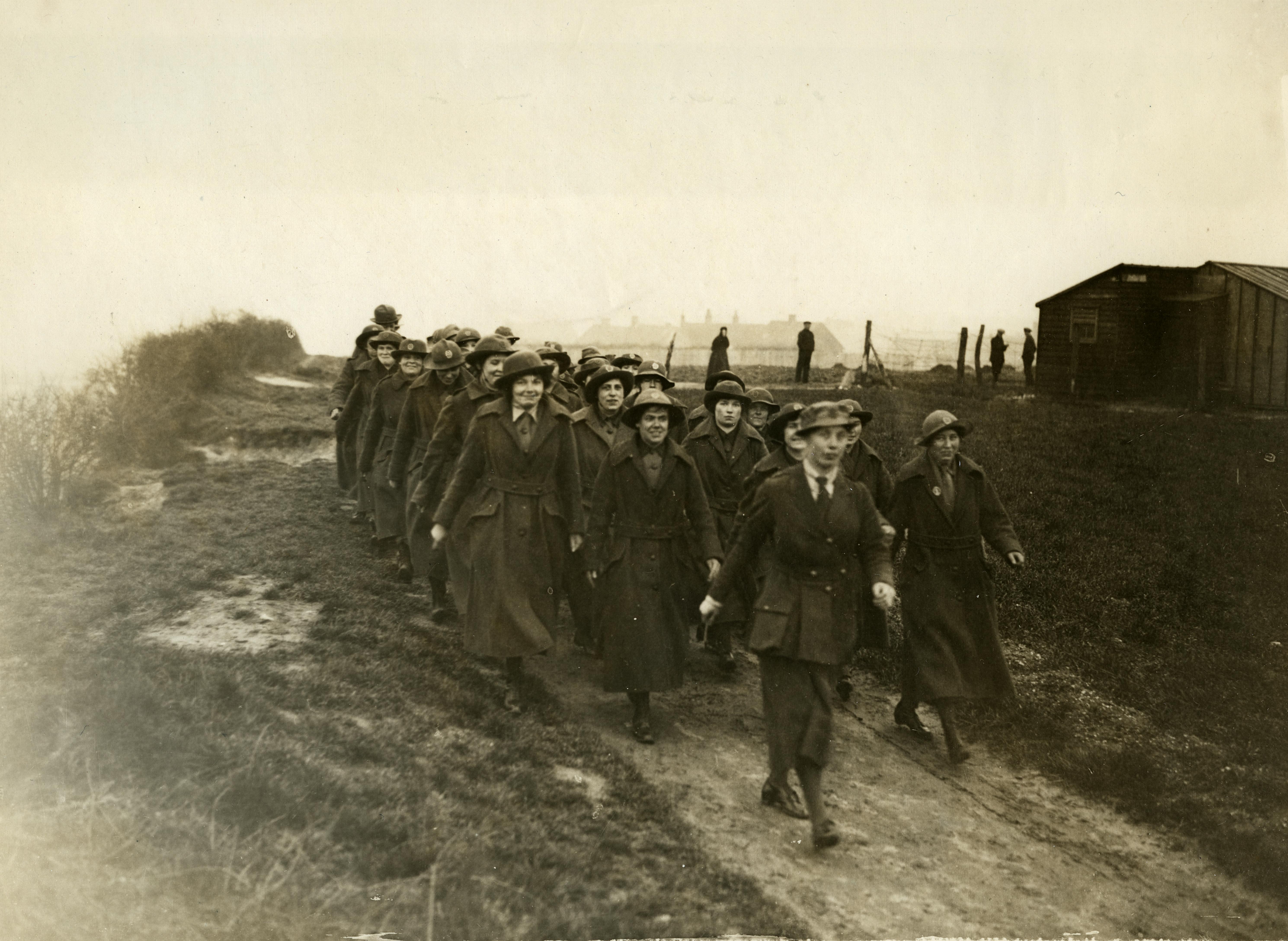 Women's Army Auxiliary Corps marching in formation in France in 1914–1918.