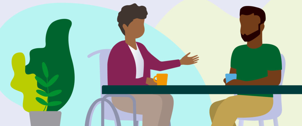 Illustration of two Black people, one in a wheelchair, sit at a table talking. 