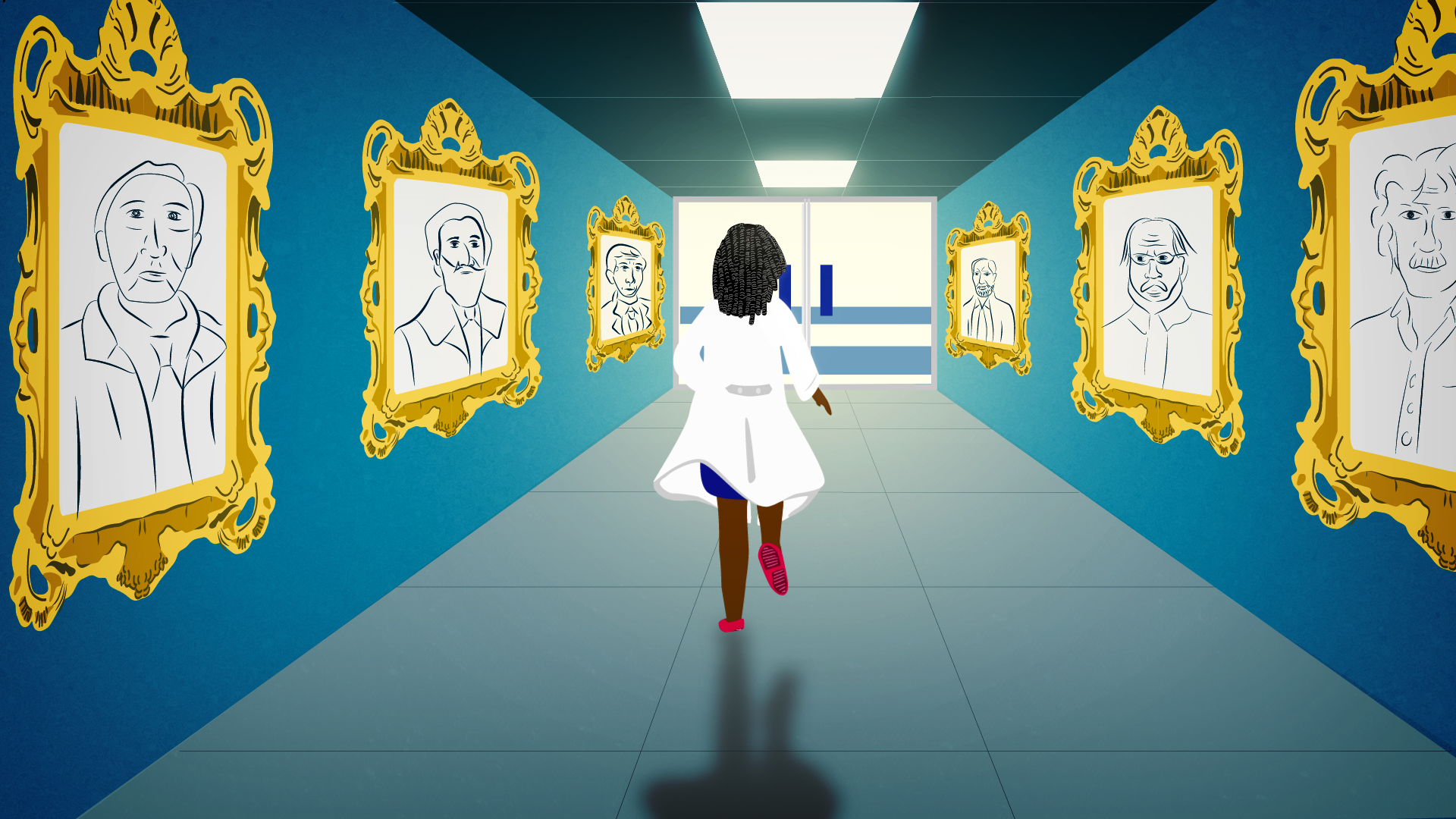Illustration of a Black scientist running down a hallway.