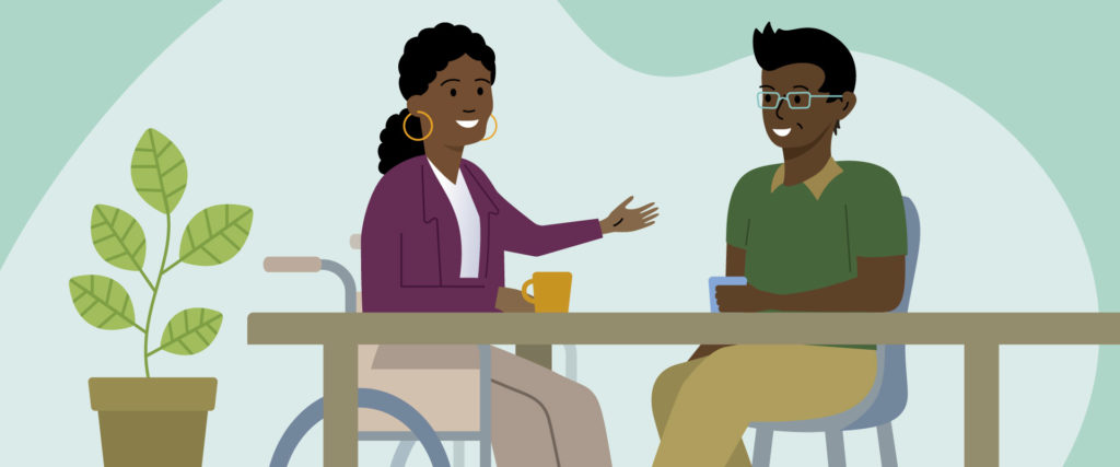 Illustration of two Black characters having coffee. One person is in a wheelchair.