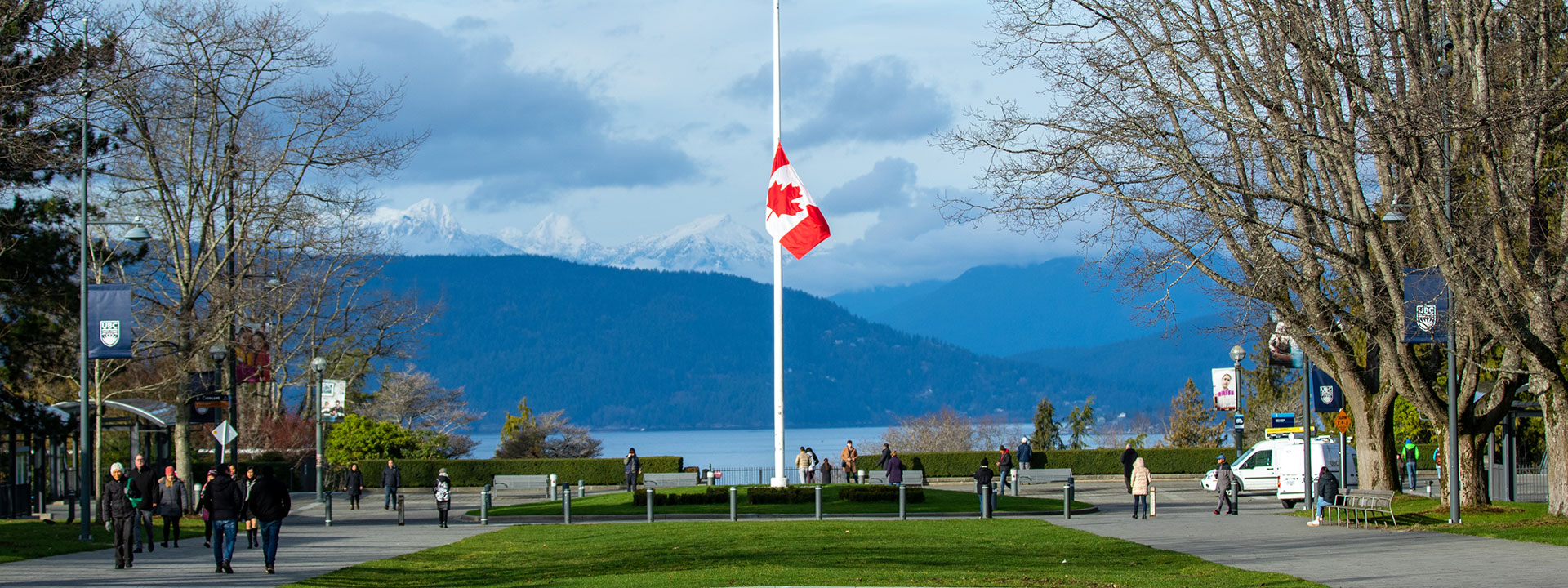Canadian flag at half-mast at the UBC Vancouver campus.