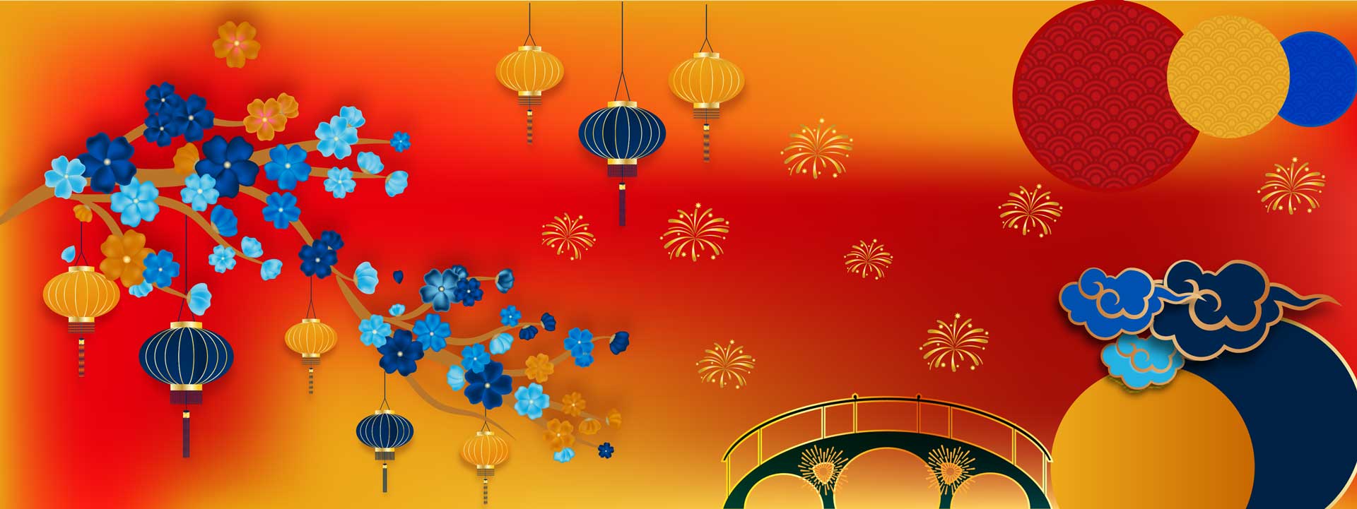 Lunar New Year collage with a illustrations of blossoms, lanterns, and fireworks.