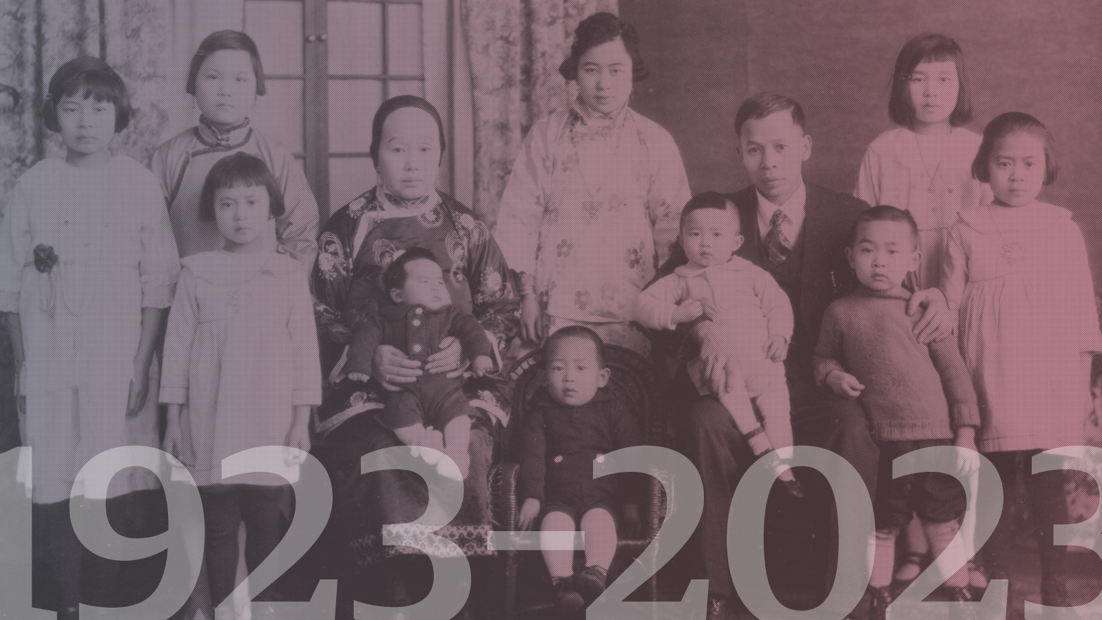 Archival image of a Chinese family with "1923-2023" text layered on top.