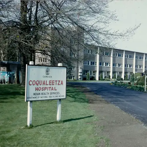 A historic snapshot of Coqualeetza Hospital, which was operated by Indian Health Services and the Department of National health and Welfare.