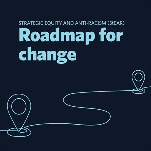 Illustration of two map place markers connected by a meandering line with "Roadmap for change" text at the top