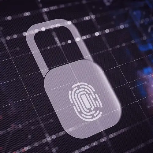 A padlock with a fingerprint scanner on a blue digital background.