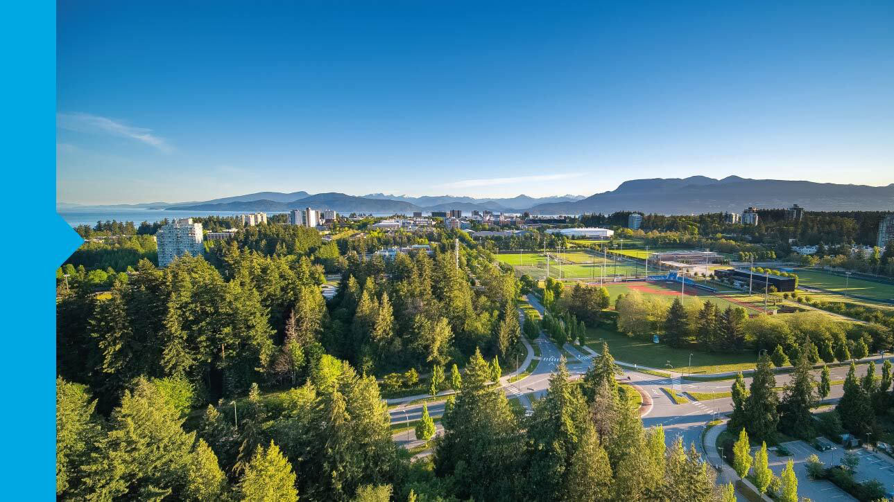 Aerial image of the UBC Vancouver campus showing trees, streets, and buildings on a sunny day