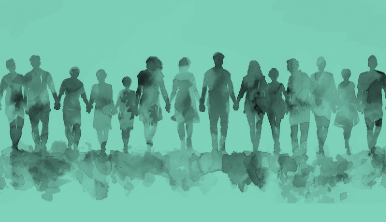 watercolour silhouettes of people standing in a line holding hands